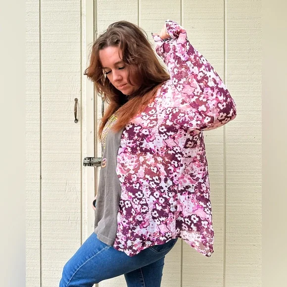 SOLD Upcycle Def Leppard Boho Floral Semi Sheer Top Blouse - One Of A Kind - Picture 9 of 15